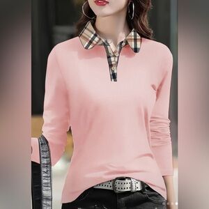 Pink Long Sleeve Shirt with Plaid Collar